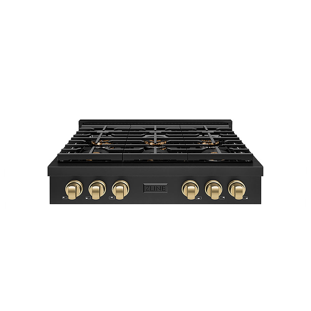 ZLINE Autograph Edition Paramount 36-inch rangetop in black stainless steel and champagne bronze accents PSRTBZ-36-CB, front view