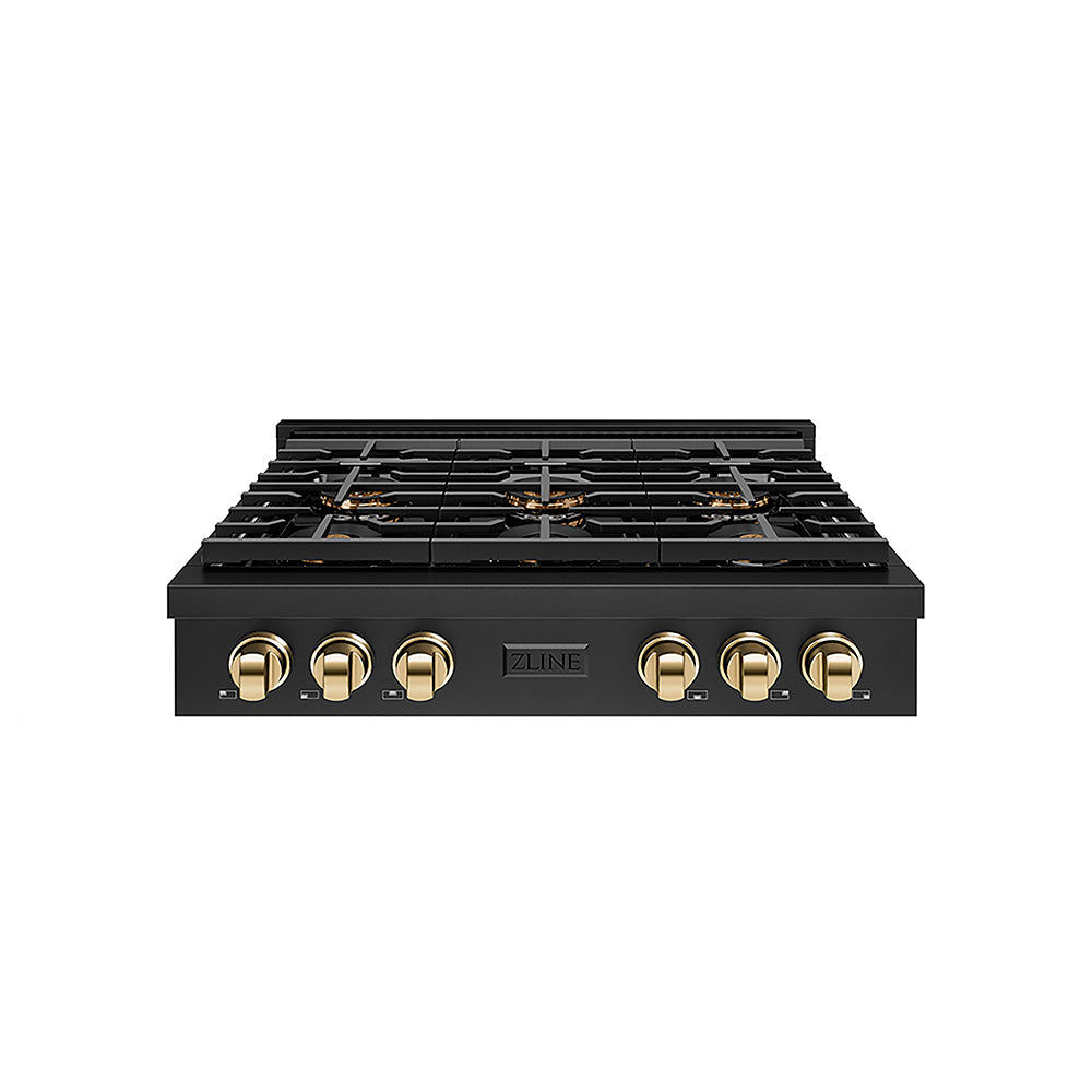 ZLINE Autograph Edition Paramount 36-inch rangetop in black stainless steel and polished gold accents PSRTBZ-36-G, front view
