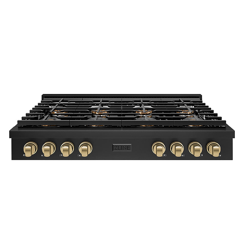 ZLINE Autograph Edition Paramount 48-inch rangetop in black stainless steel and champagne bronze accents PSRTBZ-48-CB, front view