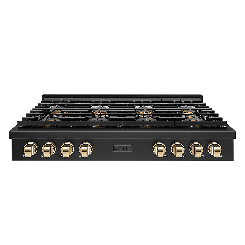 ZLINE Autograph Edition Paramount 48-inch rangetop in black stainless steel and polished gold accents PSRTBZ-48-G, front view