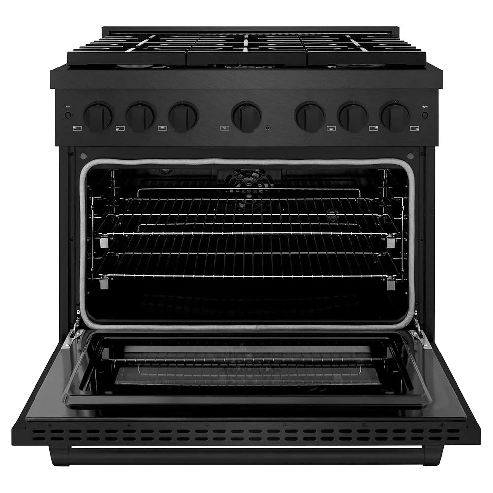 ZLINE Paramount 36-inch range in black satin stainless steel SDRBS-36, front view