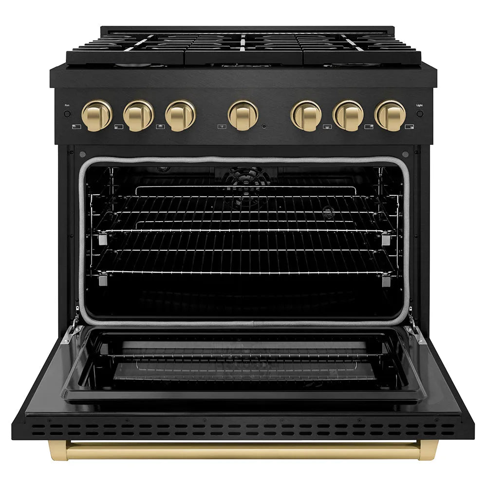 ZLINE Autograph Edition Paramount 36-inch range in black satin stainless steel and champagne bronze accents SDRBSZ-36-CB, front view