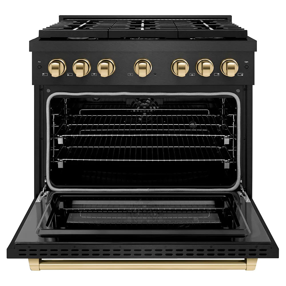 ZLINE Autograph Edition Paramount 36-inch range in black satin stainless steel and polished gold accents SDRBSZ-36-G, front view