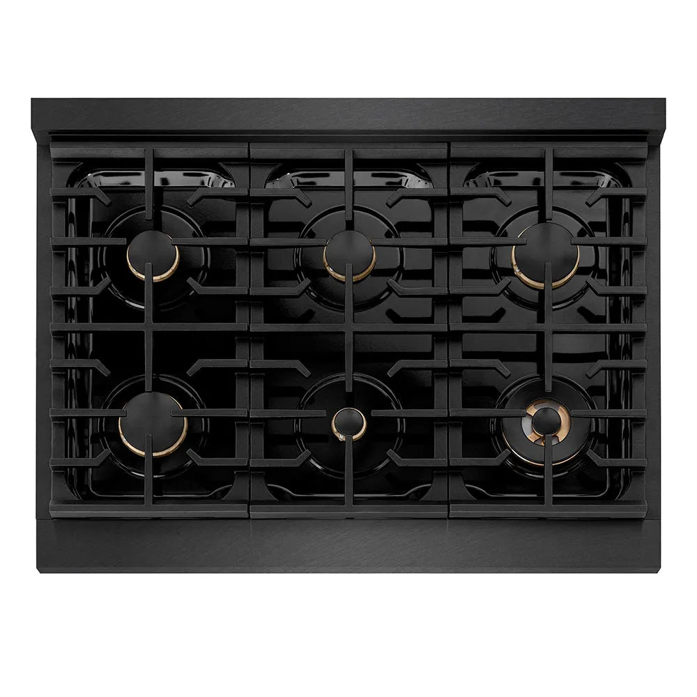 ZLINE Autograph Edition Paramount 36-inch range in black satin stainless steel and polished gold accents SDRBSZ-36-G, from above