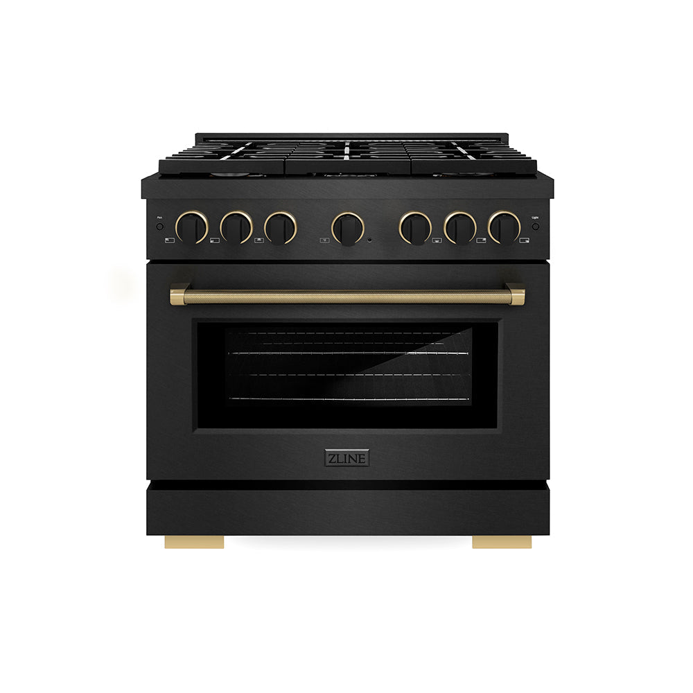 ZLINE Paramount 36-inch range in black satin stainless steel and matte black and champagne bronze accents SDRBSZ-36-MBCB