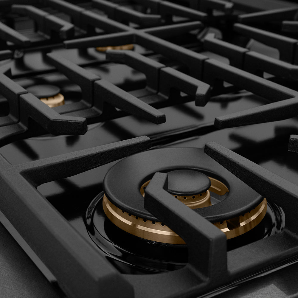 ZLINE Autograph Edition Paramount 48-inch range in black satin stainless steel and polished gold accents SDRBSZ-48-G, detail