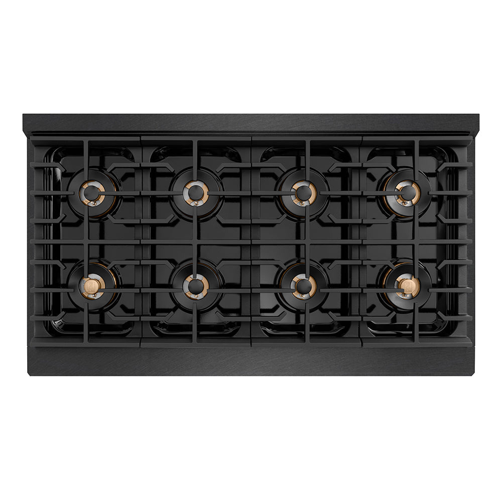 ZLINE Autograph Edition Paramount 48-inch range in black satin stainless steel and polished gold accents PSDRBSZ-48-G, from above