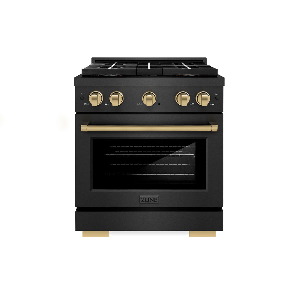 ZLINE Autograph Edition Paramount 30-inch range in black satin stainless steel and champagne bronze accents PSDRBSZ-30-CB, front view