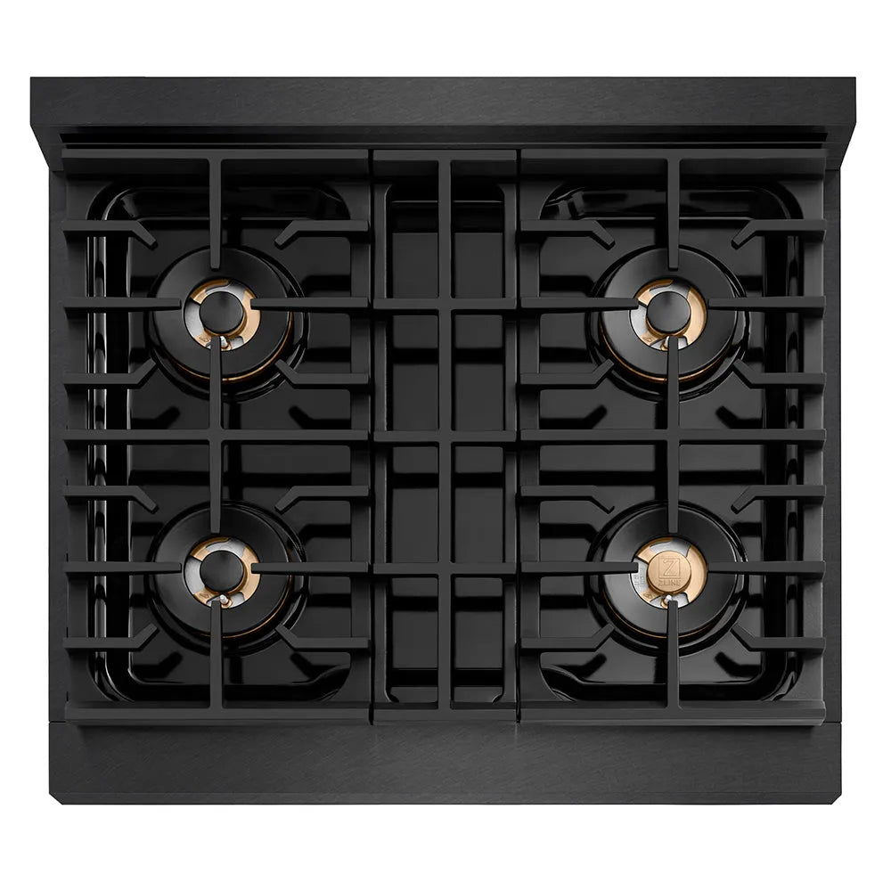 ZLINE Autograph Edition Paramount 30-inch range in black satin stainless steel and champagne bronze accents PSDRBSZ-30-CB, from above