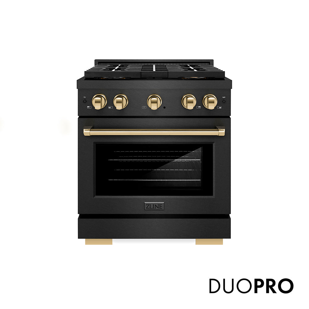 ZLINE Autograph Edition Paramount 30-inch range in black satin stainless steel and polished gold accents PSDRBSZ-30-G