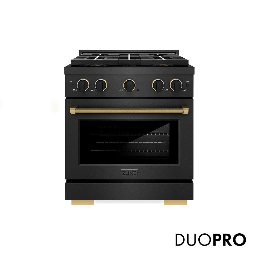 ZLINE Paramount 30-inch range in black satin stainless steel and matte black and champagne bronze accents PSDRBSZ-30-MBCB