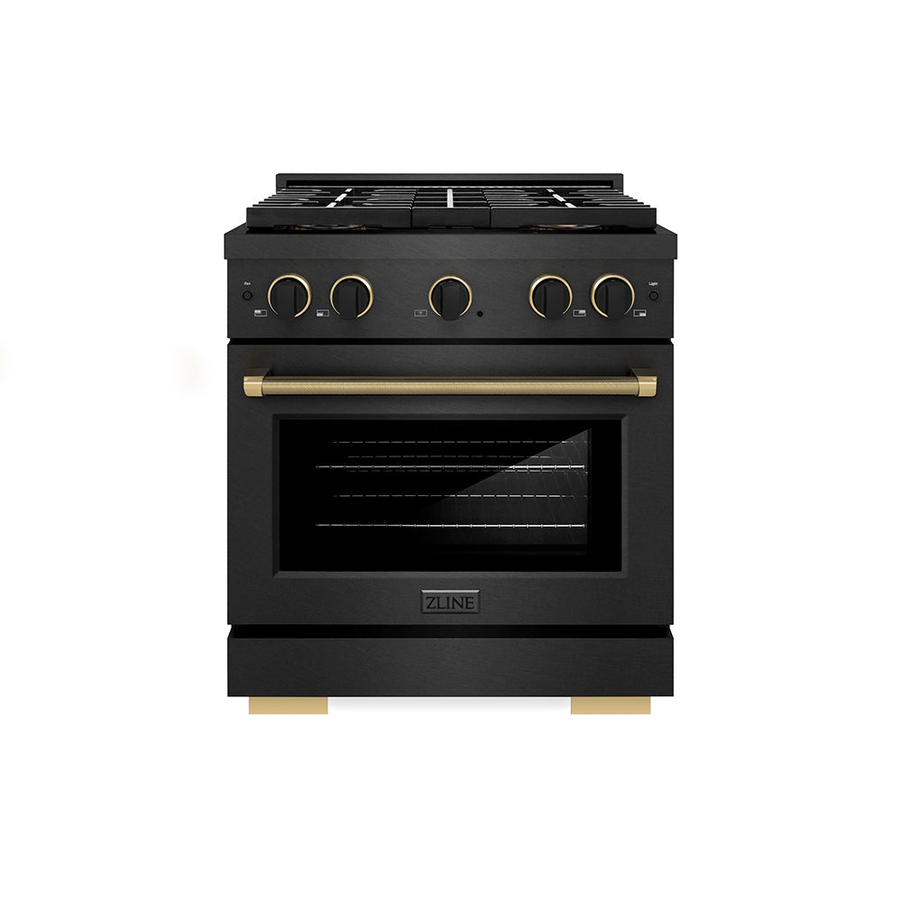 ZLINE Paramount 30-inch range in black satin stainless steel and matte black and champagne bronze accents PSDRBSZ-30-MBCB, front view