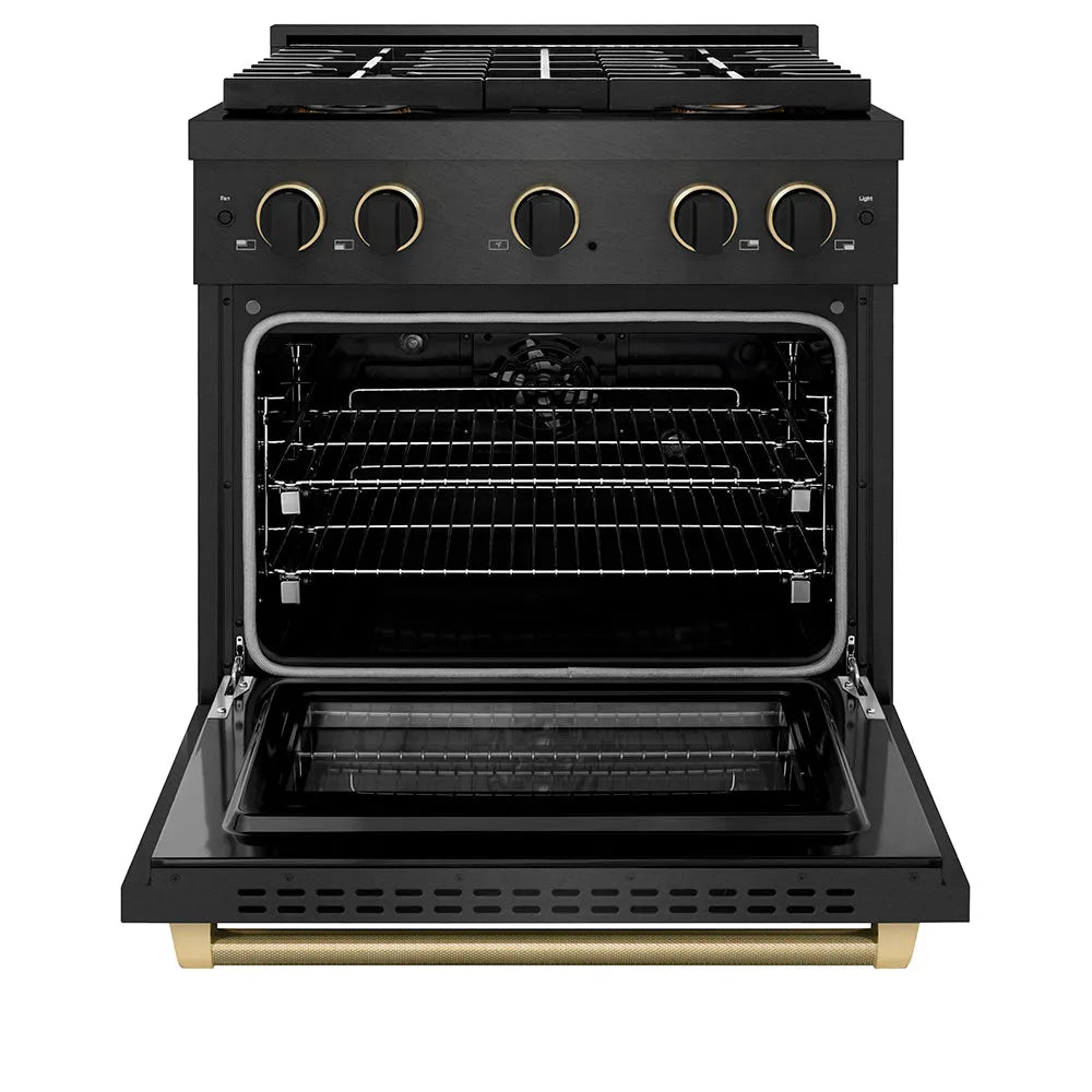 ZLINE Paramount 30-inch range in black satin stainless steel and matte black and champagne bronze accents PSDRBSZ-30-MBCB, front view