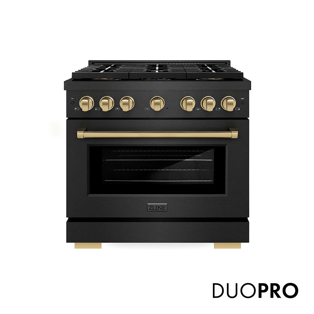 ZLINE Autograph Edition Paramount 36-inch range in black satin stainless steel and champagne bronze accents PSDRBSZ-36-CB