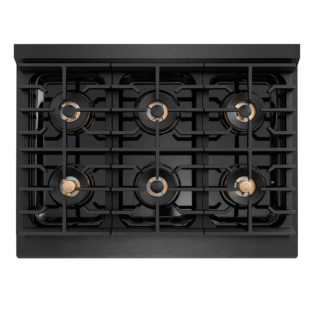 ZLINE Autograph Edition Paramount 36-inch range in black satin stainless steel and champagne bronze accents PSDRBSZ-36-CB, from above