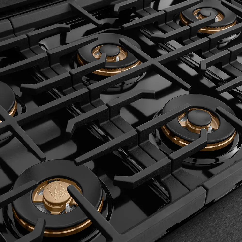 ZLINE Autograph Edition Paramount 36-inch range in black satin stainless steel and polished gold accents PSDRBSZ-36-G, from above