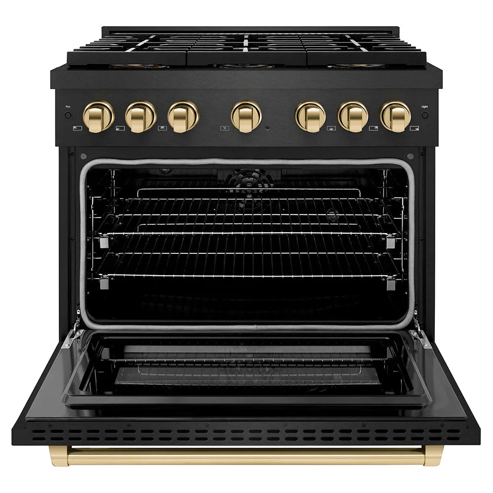 ZLINE Autograph Edition Paramount 36-inch range in black satin stainless steel and polished gold accents PSDRBSZ-36-G, front view