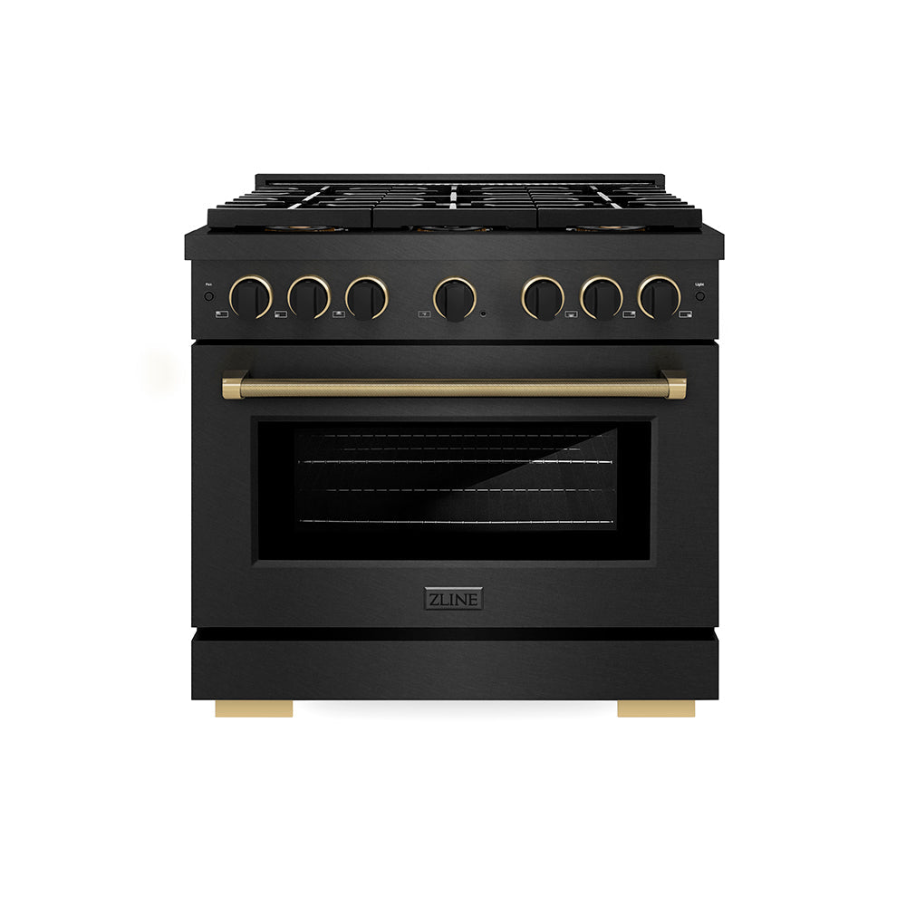 ZLINE Paramount 36-inch range in black satin stainless steel and matte black and champagne bronze accents PSDRBSZ-36-MBCB, front view