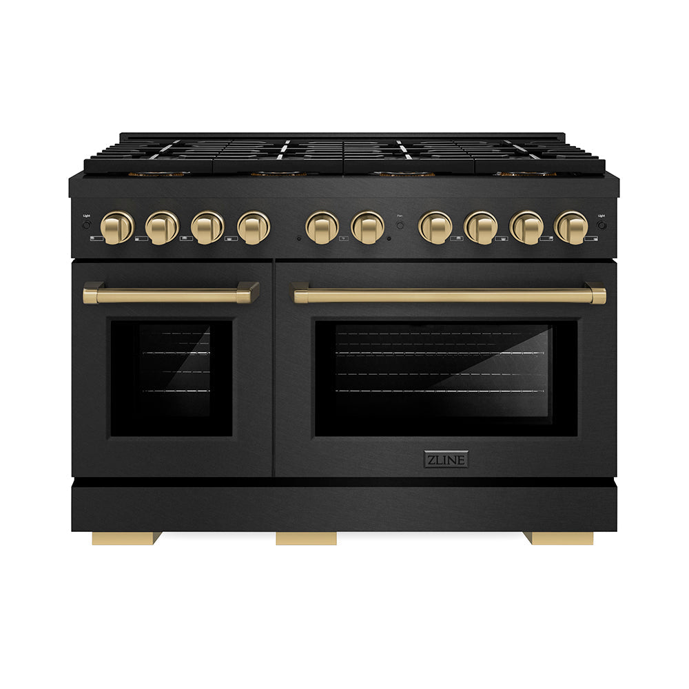 ZLINE Autograph Edition Paramount 48-inch range in black satin stainless steel and champagne bronze accents PSDRBSZ-48-CB, front view