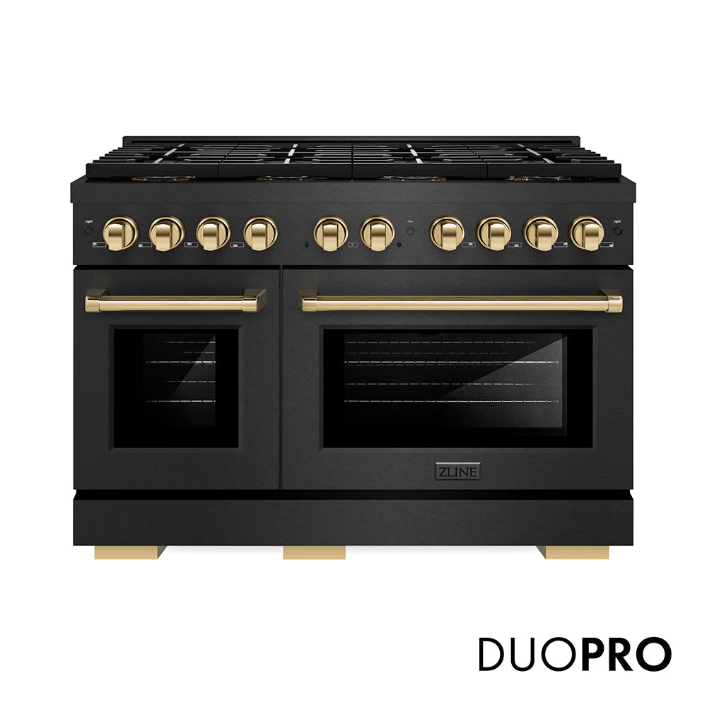 ZLINE Autograph Edition Paramount 48-inch range in black satin stainless steel and polished gold accents PSDRBSZ-48-G