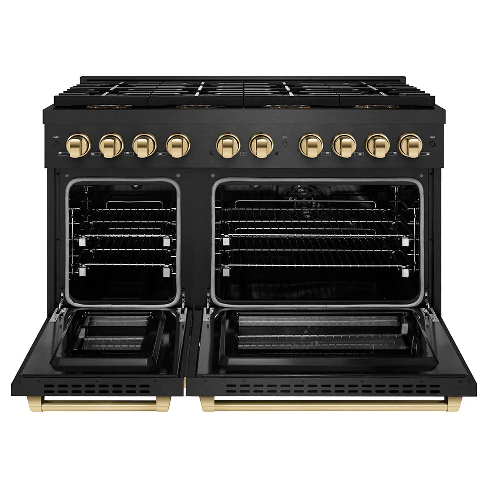 ZLINE Autograph Edition Paramount 48-inch range in black satin stainless steel and polished gold accents PSDRBSZ-48-G, front view