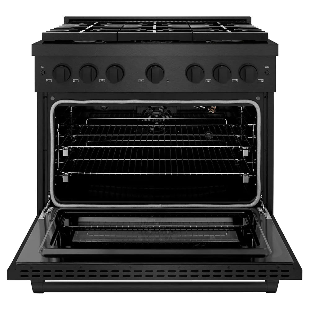 ZLINE Paramount 36-inch range in black satin stainless steel SGRBS-36, front view