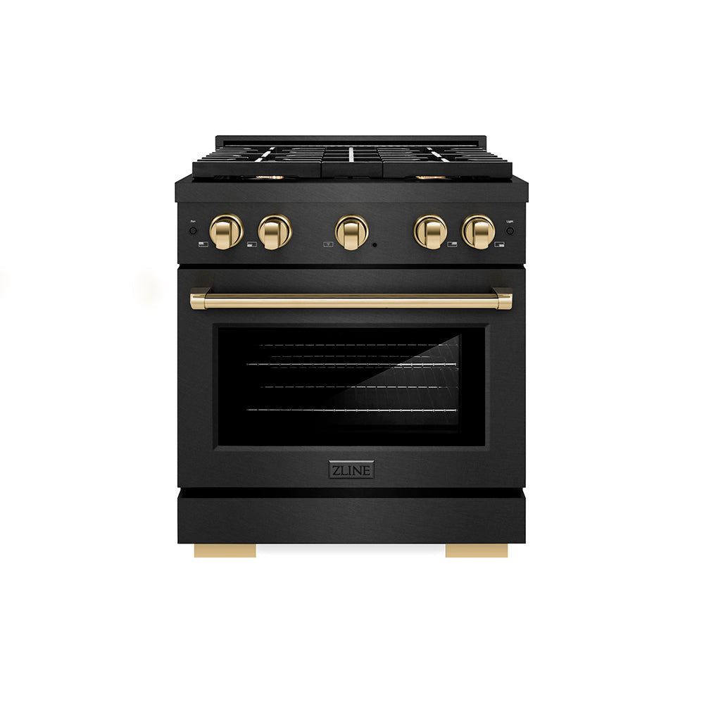 ZLINE Autograph Edition Paramount 30-inch range in black satin stainless steel and polished gold accents SGRBSZ-30-G