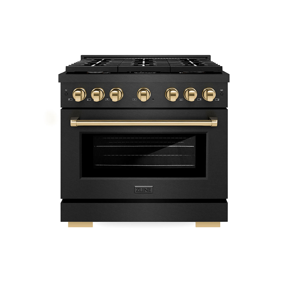 ZLINE Autograph Edition Paramount 36-inch range in black satin stainless steel and polished gold accents SGRBSZ-36-G