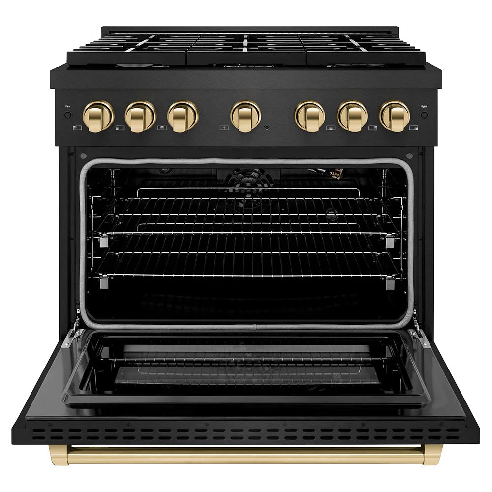 ZLINE Autograph Edition Paramount 36-inch range in black satin stainless steel and polished gold accents SGRBSZ-36-G, front view