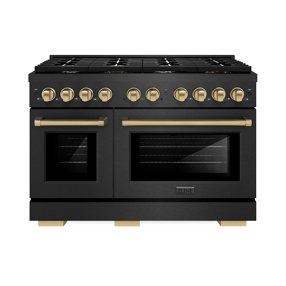 ZLINE Autograph Edition Paramount 48-inch range in black satin stainless steel and champagne bronze accents SGRBSZ-48-CB