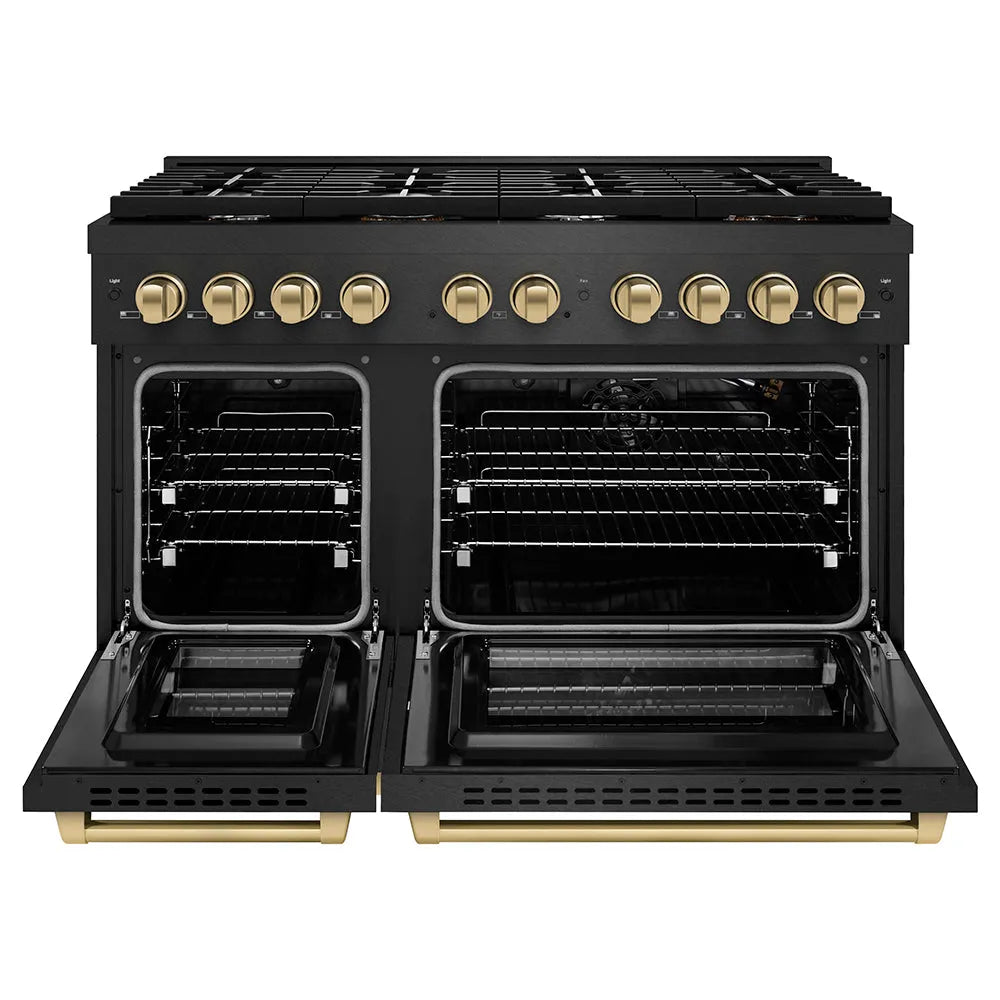 ZLINE Autograph Edition Paramount 48-inch range in black satin stainless steel and champagne bronze accents SGRBSZ-48-CB, front view