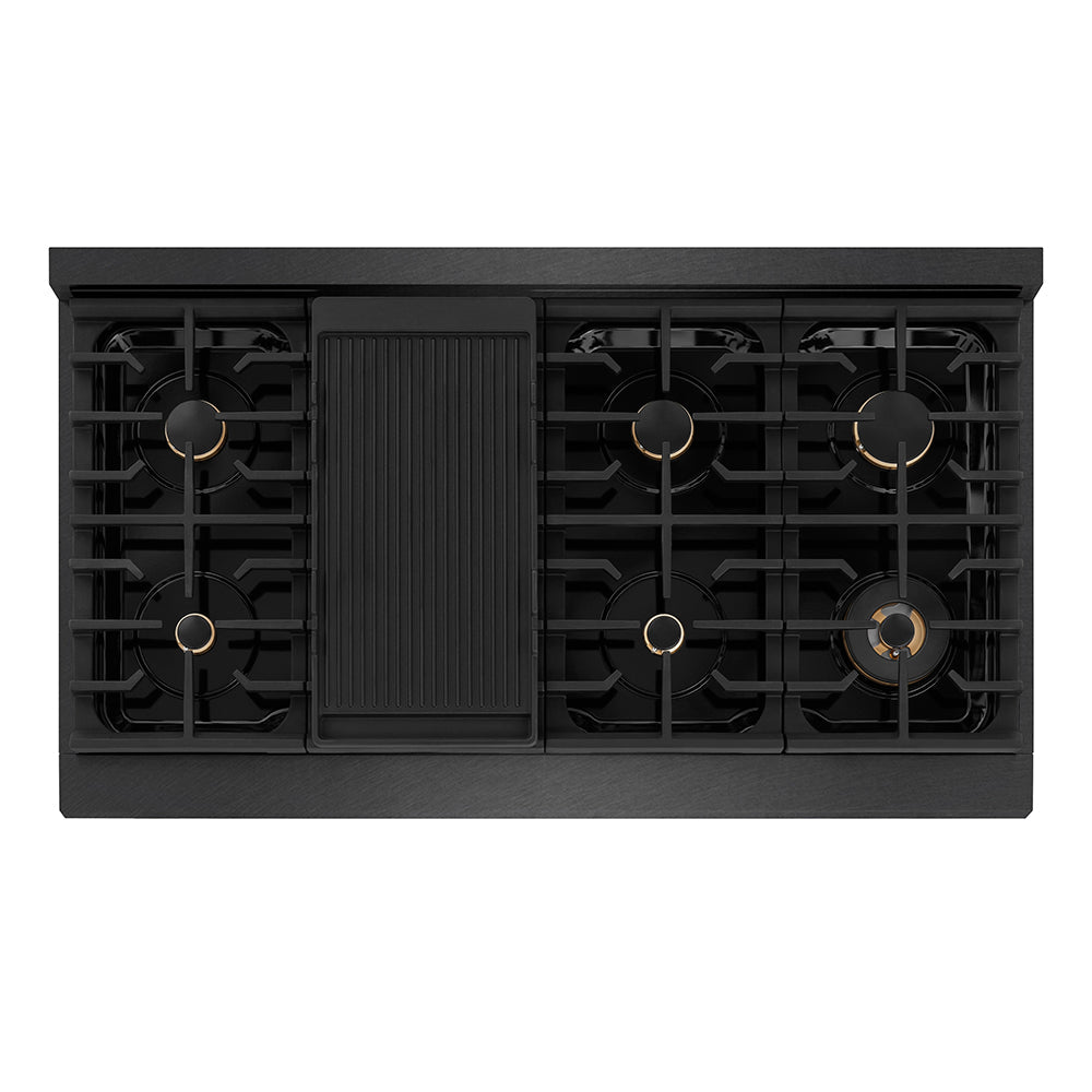 ZLINE Autograph Edition Paramount 48-inch range in black satin stainless steel and polished gold accents SGRBSZ-48-G, from above