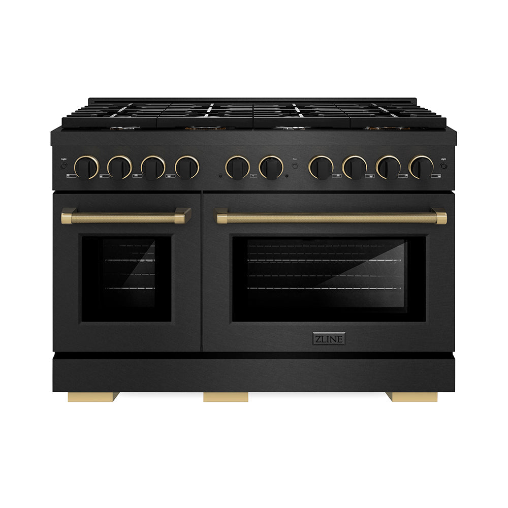 ZLINE Paramount 48-inch range in black satin stainless steel and matte black and champagne bronze accents SGRBSZ-48-MBCB