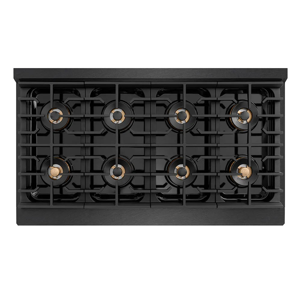 ZLINE Autograph Edition Paramount 48-inch range in black satin stainless steel and polished gold accents PSGRBSZ-48-G, from above