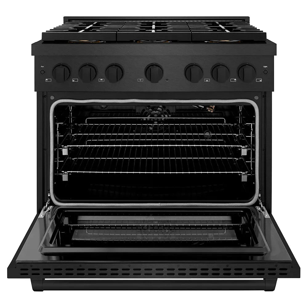 ZLINE Paramount 36-inch range in black satin stainless steel PSGRBS-36, front view