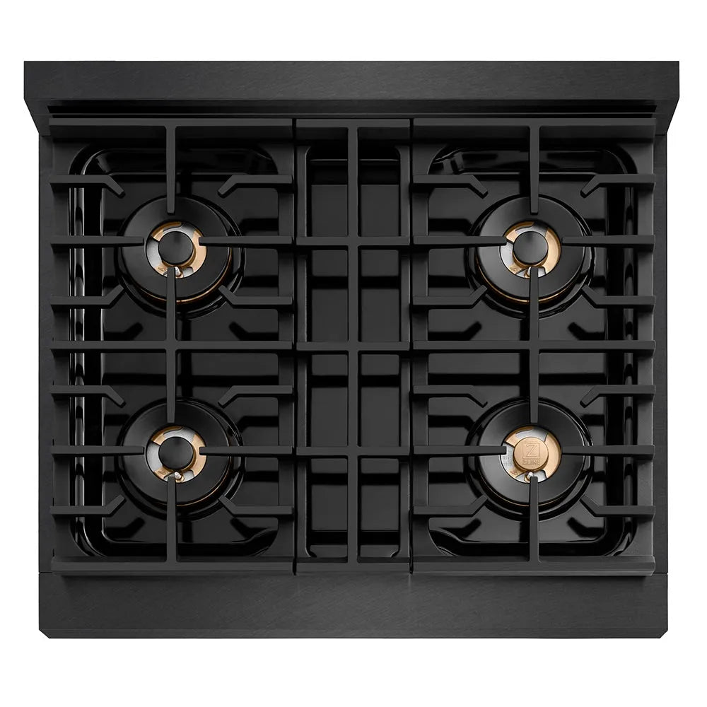 ZLINE Autograph Edition Paramount 30-inch range in black satin stainless steel and champagne bronze accents PSGRBSZ-30-CB, from above