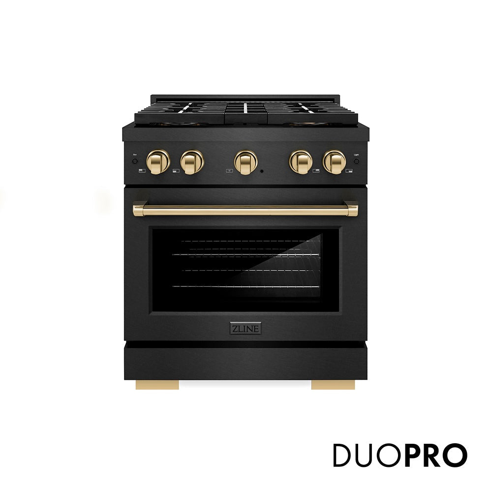 ZLINE Autograph Edition Paramount 30-inch range in black satin stainless steel and polished gold accents PSGRBSZ-30-G