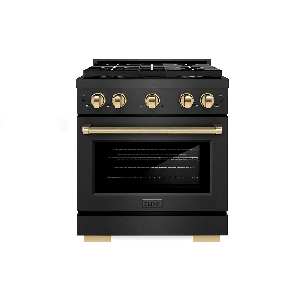 ZLINE Autograph Edition Paramount 30-inch range in black satin stainless steel and polished gold accents PSGRBSZ-30-G, front view