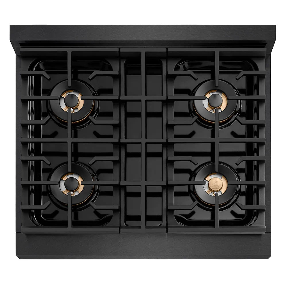 ZLINE Paramount 30-inch range in black satin stainless steel and matte black and champagne bronze accents PSGRBSZ-30-MBCB, from above