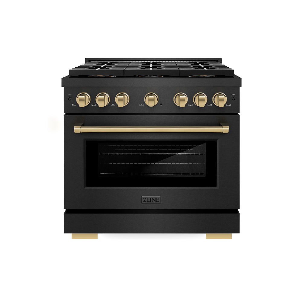 ZLINE Autograph Edition Paramount 36-inch range in black satin stainless steel and champagne bronze accents PSGRBSZ-36-CB, front view