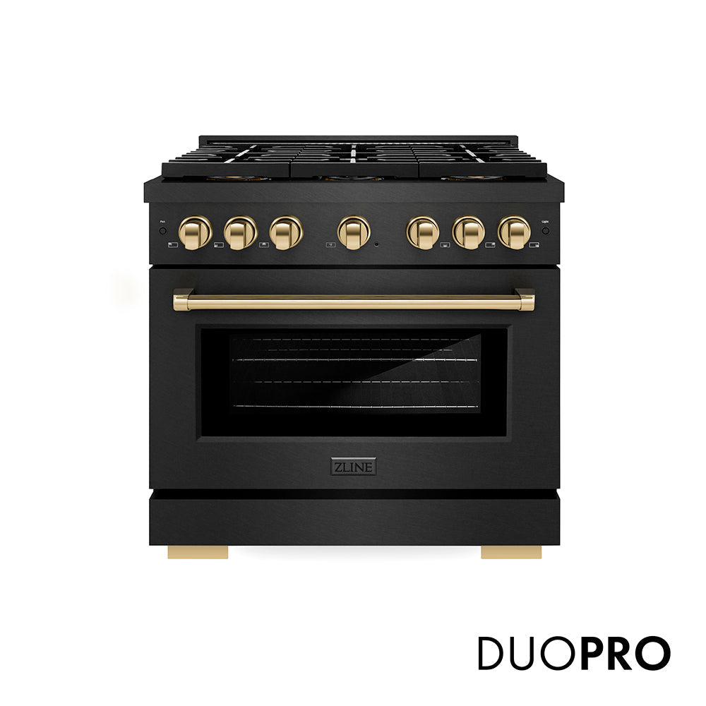 ZLINE Autograph Edition Paramount 36-inch range in black satin stainless steel and polished gold accents PSGRBSZ-36-G