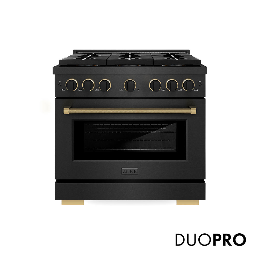 ZLINE Paramount 36-inch range in black satin stainless steel and matte black and champagne bronze accents PSGRBSZ-36-MBCB