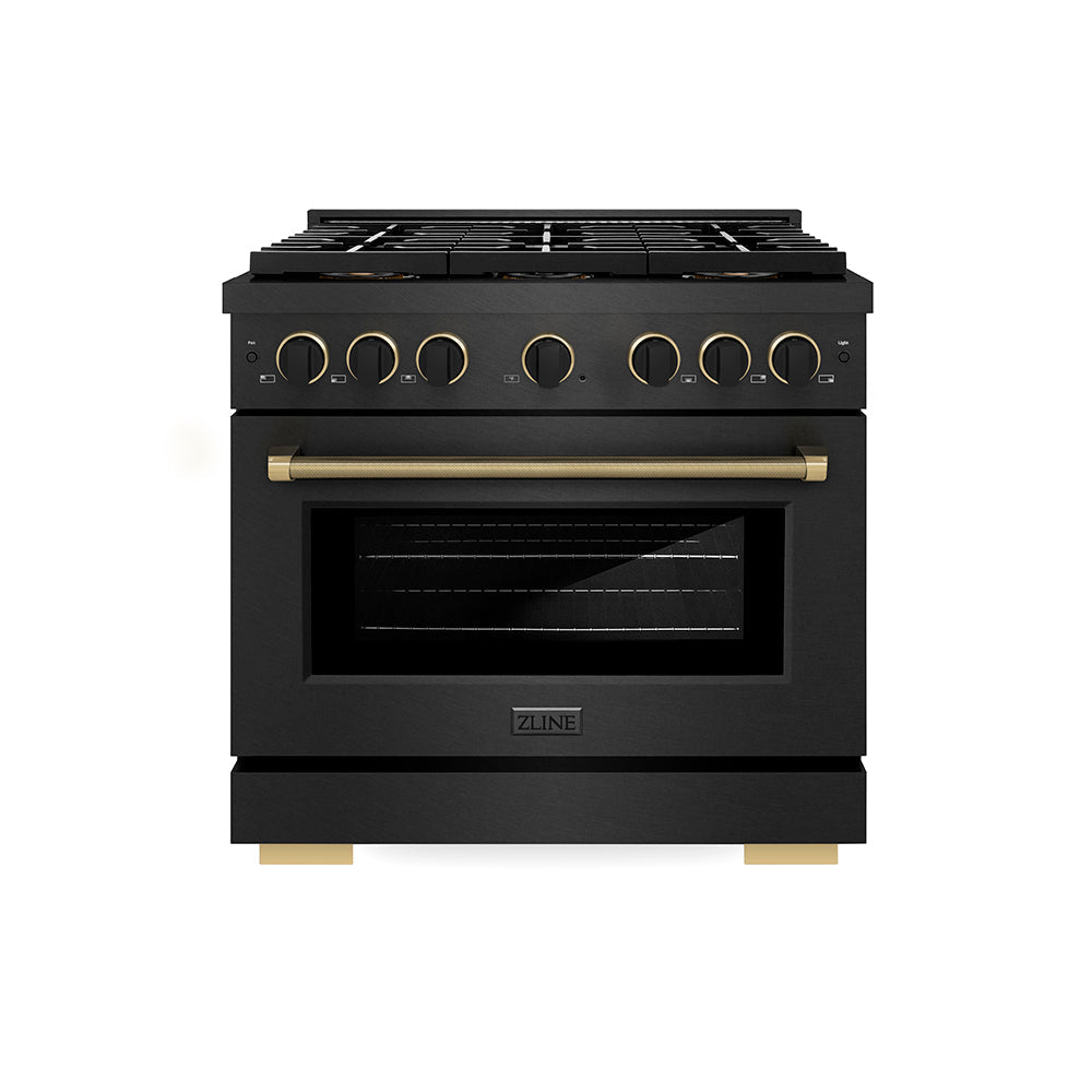ZLINE Paramount 36-inch range in black satin stainless steel and matte black and champagne bronze accents PSGRBSZ-36-MBCB, front view