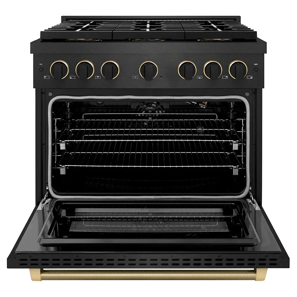 ZLINE Paramount 36-inch range in black satin stainless steel and matte black and champagne bronze accents PSGRBSZ-36-MBCB, front view