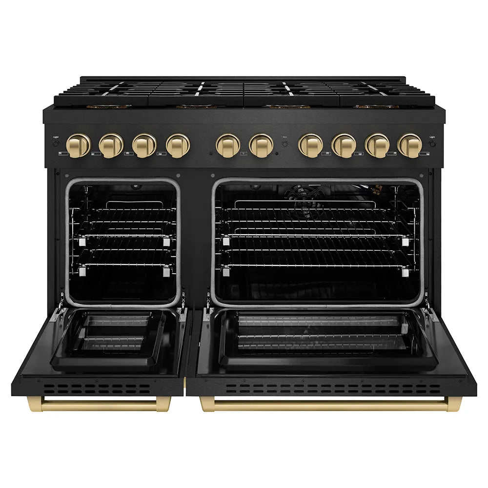 ZLINE Autograph Edition Paramount 48-inch range in black satin stainless steel and champagne bronze accents PSGRBSZ-48-CB, front view