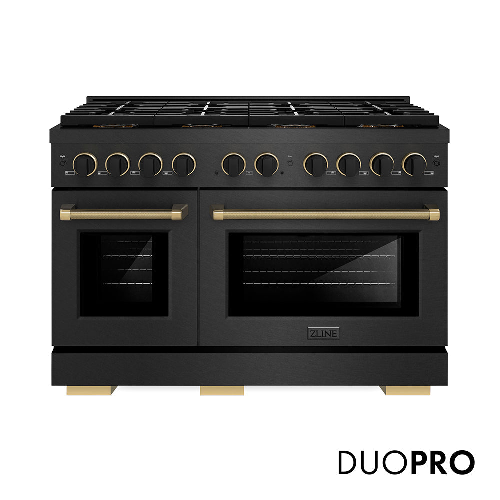 ZLINE Paramount 48-inch range in black satin stainless steel and matte black and champagne bronze accents PSGRBSZ-48-MBCB