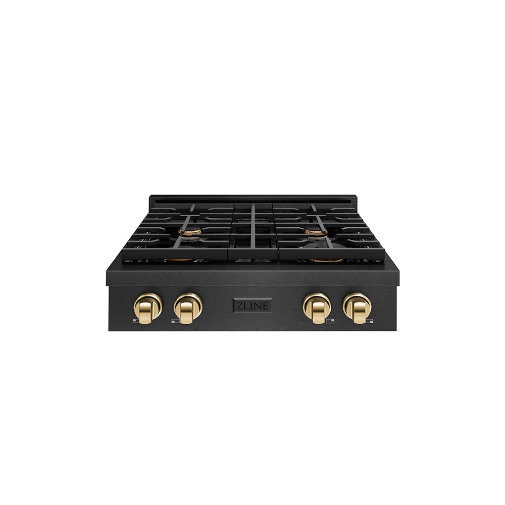 ZLINE Autograph Edition Paramount 30-inch rangetop in black satin stainless steel and polished gold accents SRTBSZ-30-G