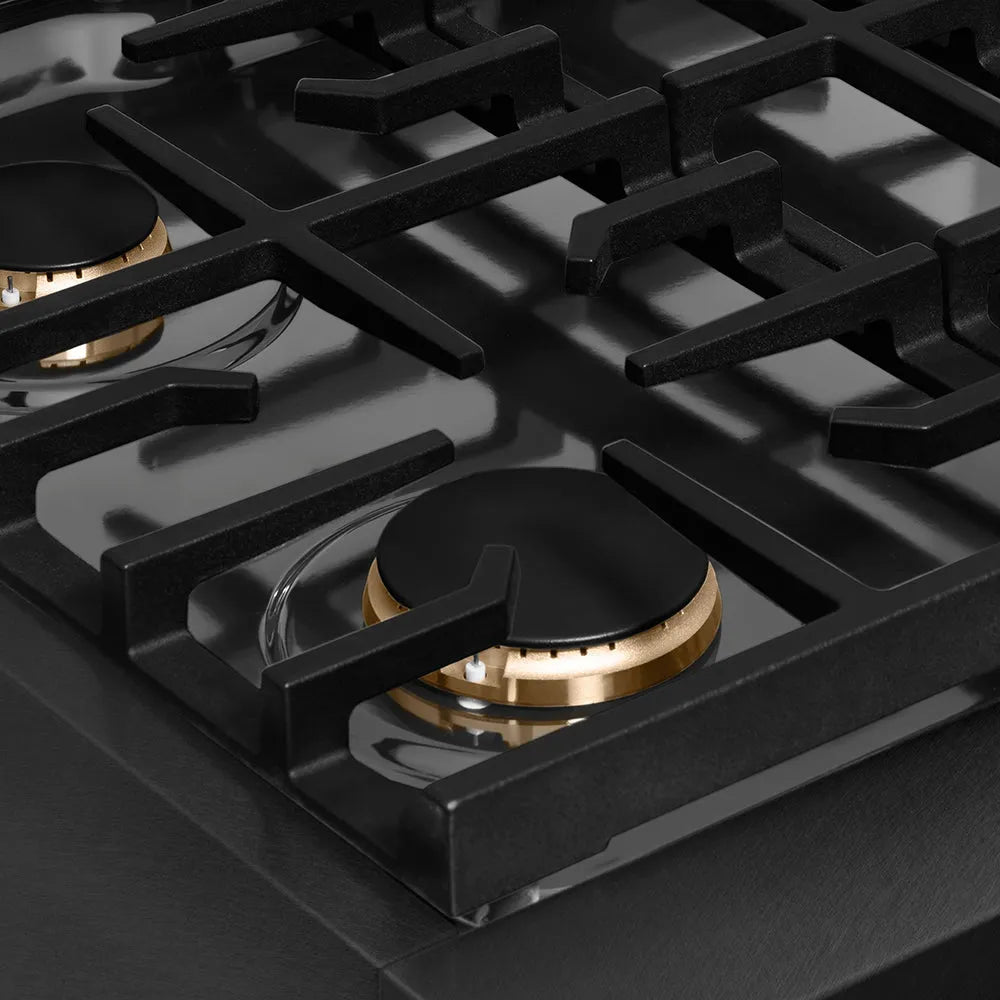 ZLINE Paramount 30-inch rangetop in black satin stainless steel and matte black and champagne bronze accents SRTBSZ-30-MBCB, from above