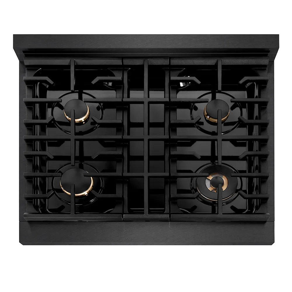 ZLINE Paramount 30-inch rangetop in black satin stainless steel and matte black and champagne bronze accents SRTBSZ-30-MBCB, from above