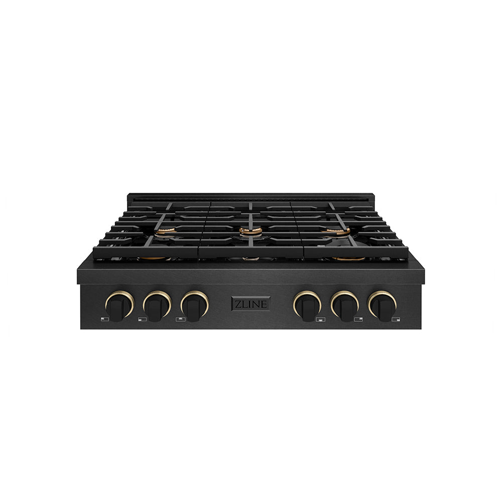 ZLINE Paramount 36-inch rangetop in black satin stainless steel and matte black and champagne bronze accents SRTBSZ-36-MBCB